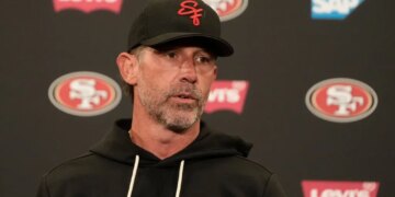 San Francisco 49ers head coach Kyle Shanahan speaks at a news conference.