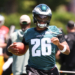 Philadelphia Eagles running back Saquon Barkley (26) runs drills during minicamp.