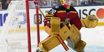 Florida Panthers goalie Sergei Bobrovsky in his uniform, guarding the goal.