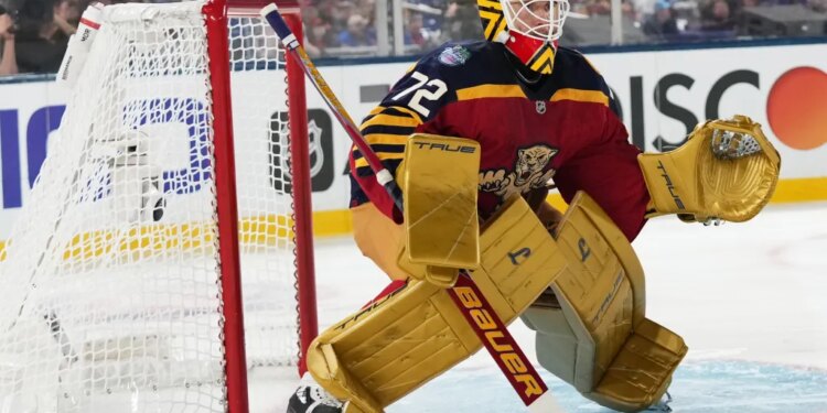 Florida Panthers goalie Sergei Bobrovsky in his uniform, guarding the goal.