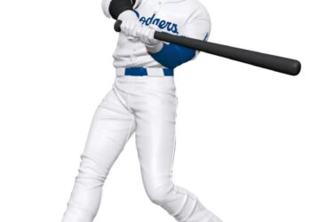 Illustration of Shohei Ohtani in a Los Angeles Dodgers uniform, mid-swing with a bat.