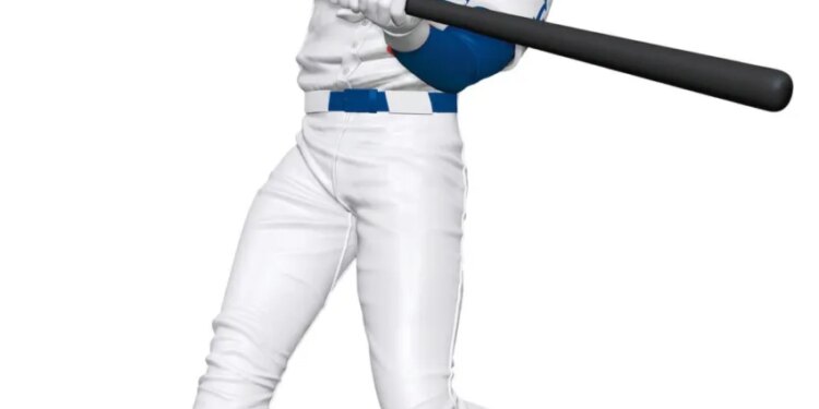 Illustration of Shohei Ohtani in a Los Angeles Dodgers uniform, mid-swing with a bat.