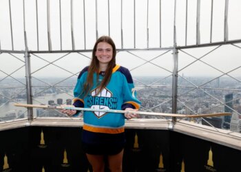 Emma Peschel poses for the media on the observation deck at the Empire State Building in New York, New York, USA, Tuesday July 14, 2026.