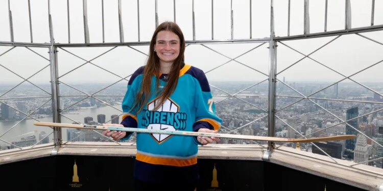 Emma Peschel poses for the media on the observation deck at the Empire State Building in New York, New York, USA, Tuesday July 14, 2026.