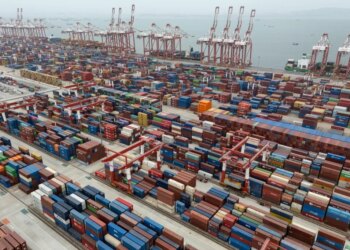 Shipping containers at Guangzhou Port in Nansha district, China.