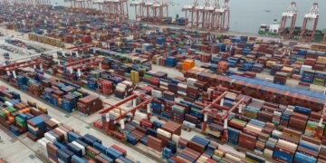 Shipping containers at Guangzhou Port in Nansha district, China.