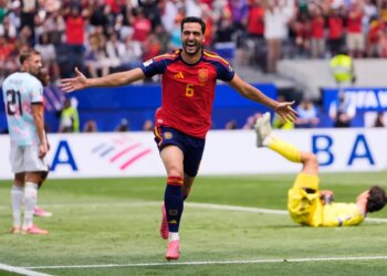 Spain's Mikel Merino (6) celebrates scoring their second goal in front of Belgium's Timothy Castagne (21) and goalkeeper Senne Lammens (12) during the World Cup quarterfinal soccer match between Spain and Belgium in Inglewood, Calif., near Los Angeles, Friday, July 10, 2026.