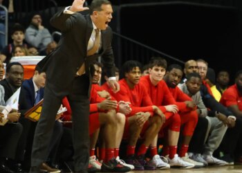 Steve Masiello, who was named St. John's new general manager, shouts out instructions during a 2024 Red Storm game in which he replaced Rick Pitino who was battling COVID at the time.