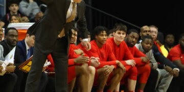 Steve Masiello, who was named St. John's new general manager, shouts out instructions during a 2024 Red Storm game in which he replaced Rick Pitino who was battling COVID at the time.