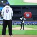 St. John's star Ian Jackson throws the ceremonial first pitch to teammate Ruben Prey before the Mets' 4-2 win over the Marlins on July 31, 2026 at Citi Field.