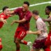 Ruben Vargas (left) celebrates with teammates after scoring the game-winning score on a penalty kick in a 4-3 shootout win over Colombia after a scoreless draw in their World Cup Round of 16 match on July 7, 2026 in Vancouver, British Columbia.