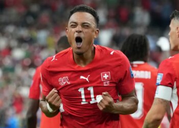 Dan Ndoye celebrates after scoring Switzerland's second goal in their 2-0 win over Algeria in World Cup Round of 32 play on July 2, 2026 in Vancouver, British Columbia.