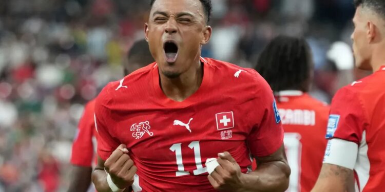 Dan Ndoye celebrates after scoring Switzerland's second goal in their 2-0 win over Algeria in World Cup Round of 32 play on July 2, 2026 in Vancouver, British Columbia.