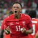 Dan Ndoye celebrates after scoring Switzerland's second goal in their 2-0 win over Algeria in World Cup Round of 32 play on July 2, 2026 in Vancouver, British Columbia.