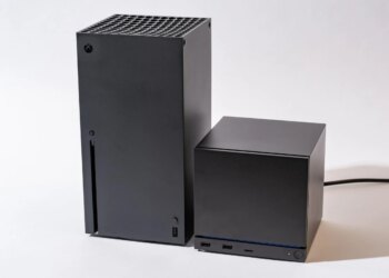 An Xbox Series X next to a Steam Machine. The Steam Machine is roughly half the size of the Series X.