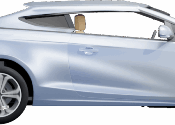 A car viewed from the side with exhaust smoke trailing from the tailpipe.