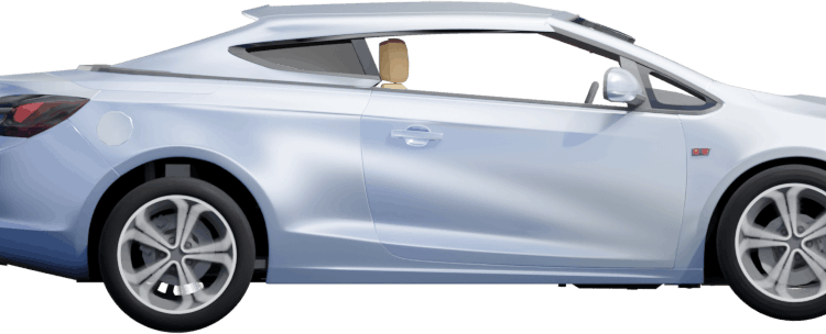 A car viewed from the side with exhaust smoke trailing from the tailpipe.
