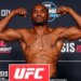 Kamaru Usman flexing during the UFC Fight Night official weigh-ins.
