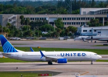 A United Airlines aircraft taxis at Palm Beach International Airport.
