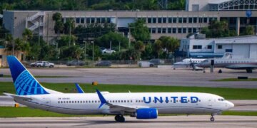 A United Airlines aircraft taxis at Palm Beach International Airport.