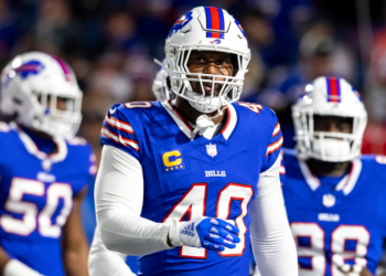 Buffalo Bills linebacker Von Miller (40) looks on.