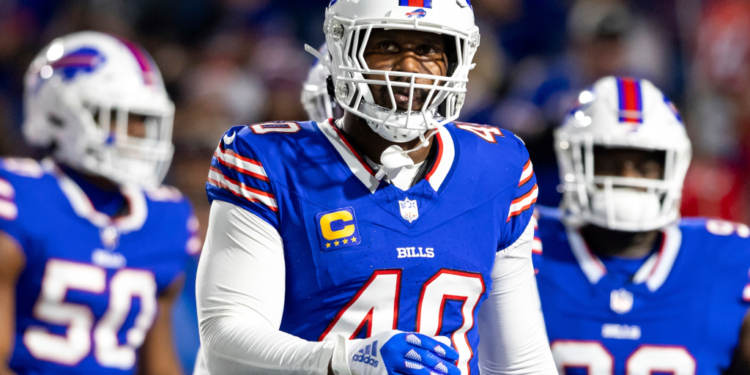 Buffalo Bills linebacker Von Miller (40) looks on.