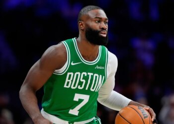Jaylen Brown playing basketball during Game 6 of an NBA first-round playoff series.