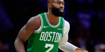Jaylen Brown playing basketball during Game 6 of an NBA first-round playoff series.