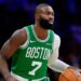 Jaylen Brown playing basketball during Game 6 of an NBA first-round playoff series.