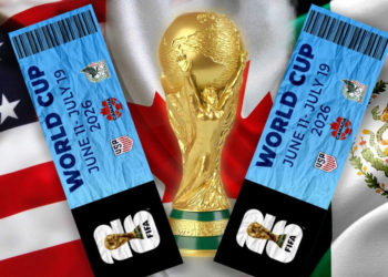 Illustration of the 2026 World Cup tickets with the trophy over the flags of the USA, Canada, and Mexico.