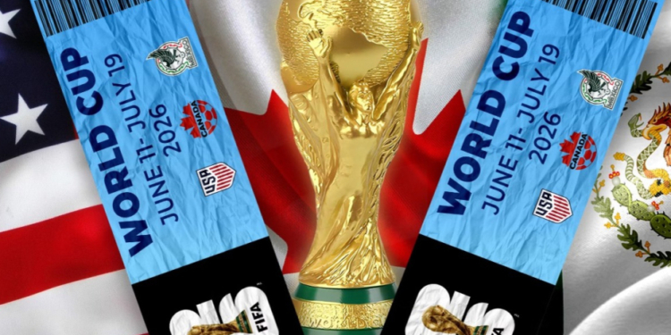 Illustration of the 2026 World Cup tickets with the trophy over the flags of the USA, Canada, and Mexico.