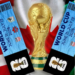 Illustration of the 2026 World Cup tickets with the trophy over the flags of the USA, Canada, and Mexico.