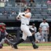 New York Yankees first baseman Ben Rice hitting a single during the 9th inning.