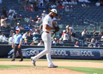 New York Yankees pitcher Camilo Doval (75) reacts after Minnesota Twins designated hitter Josh Bell (56) hits a two-run home run.