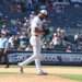 New York Yankees pitcher Camilo Doval (75) reacts after Minnesota Twins designated hitter Josh Bell (56) hits a two-run home run.