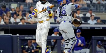 New York Yankees second baseman Jazz Chisholm Jr. reacts after he strikes out in the ninth against the Los Angeles Dodgers at Yankee Stadium in the Bronx, New York, USA, Friday, July 17 2026.