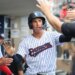 Somerset Patriots shortstop George Lombard Jr. #3, gets high-fives in the dugout after he scored from 3rd base on a sac-fly in the 1st inning on April 17, 2026.