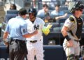Yankees shortstop Jose Caballero argues with the home plate umpire after being called out on strikes during the sixth inning in Game 1 of a doubleheader against the Pirates on July 22, 2026.