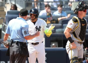 Yankees shortstop Jose Caballero argues with the home plate umpire after being called out on strikes during the sixth inning in Game 1 of a doubleheader against the Pirates on July 22, 2026.