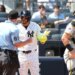 Yankees shortstop Jose Caballero argues with the home plate umpire after being called out on strikes during the sixth inning in Game 1 of a doubleheader against the Pirates on July 22, 2026.