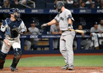 Paul Goldschmidt strikes out in the seventh inning of the Yankees' 6-4 loss to the Rays on July 7, 2026 in St. Petersburg, Fla.