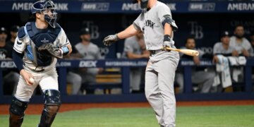 Paul Goldschmidt strikes out in the seventh inning of the Yankees' 6-4 loss to the Rays on July 7, 2026 in St. Petersburg, Fla.