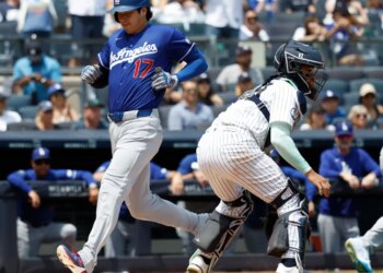 Shohei Ohtani scores a run against the Yankees during Game 1 of a doubleheader on July 19, 2026.
