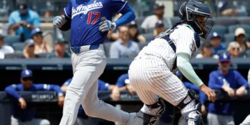 Shohei Ohtani scores a run against the Yankees during Game 1 of a doubleheader on July 19, 2026.