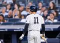 New York Yankees shortstop Anthony Volpe (11) reacts after he strikes out during the fifth inning against the Pittsburgh Pirates at Yankee Stadium, Wednesday, July 22, 2026