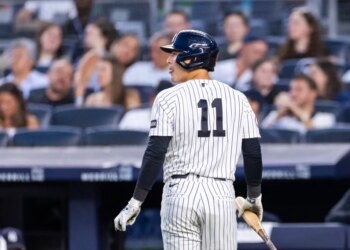 New York Yankees shortstop Anthony Volpe (11) reacts after he strikes out during the fifth inning against the Pittsburgh Pirates at Yankee Stadium, Wednesday, July 22, 2026