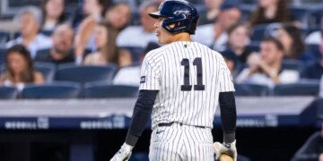 New York Yankees shortstop Anthony Volpe (11) reacts after he strikes out during the fifth inning against the Pittsburgh Pirates at Yankee Stadium, Wednesday, July 22, 2026