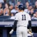 New York Yankees shortstop Anthony Volpe (11) reacts after he strikes out during the fifth inning against the Pittsburgh Pirates at Yankee Stadium, Wednesday, July 22, 2026