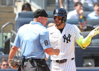 New York Yankees shortstop José Caballero (72) reacts after he is called out on strikes during the sixth inning when the New York Yankees played the Pittsburgh Pirates in game one of a doubleheader Wednesday, July 22, 2026 at Yankee Stadium in the Bronx, NY.