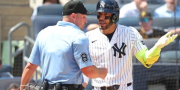 New York Yankees shortstop José Caballero (72) reacts after he is called out on strikes during the sixth inning when the New York Yankees played the Pittsburgh Pirates in game one of a doubleheader Wednesday, July 22, 2026 at Yankee Stadium in the Bronx, NY.